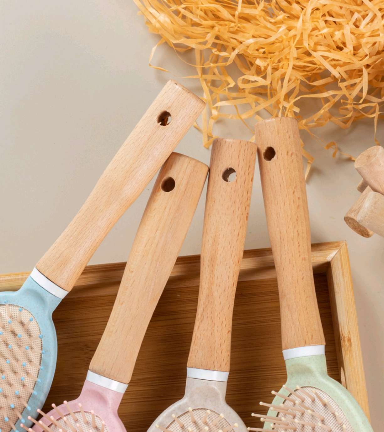 时尚榉木气垫按摩梳女士美发梳子麦秸秆气囊梳便携家用造型梳吊卡卷发梳详情图11