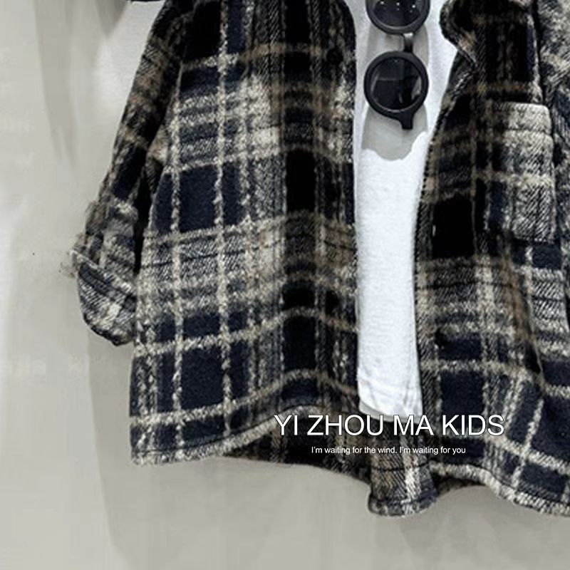 New autumn/Winter 2024 tweed jacket for boys, retro lapel checkered cool shirt, Korean-style children's shirt Specification drawing