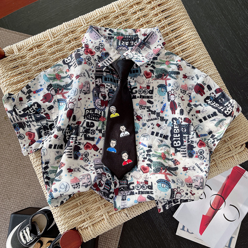 Boys' floral shirt 2024 Summer Korean style fashionable cartoon shirt Children's casual shorts Baby overalls trendy Specification drawing