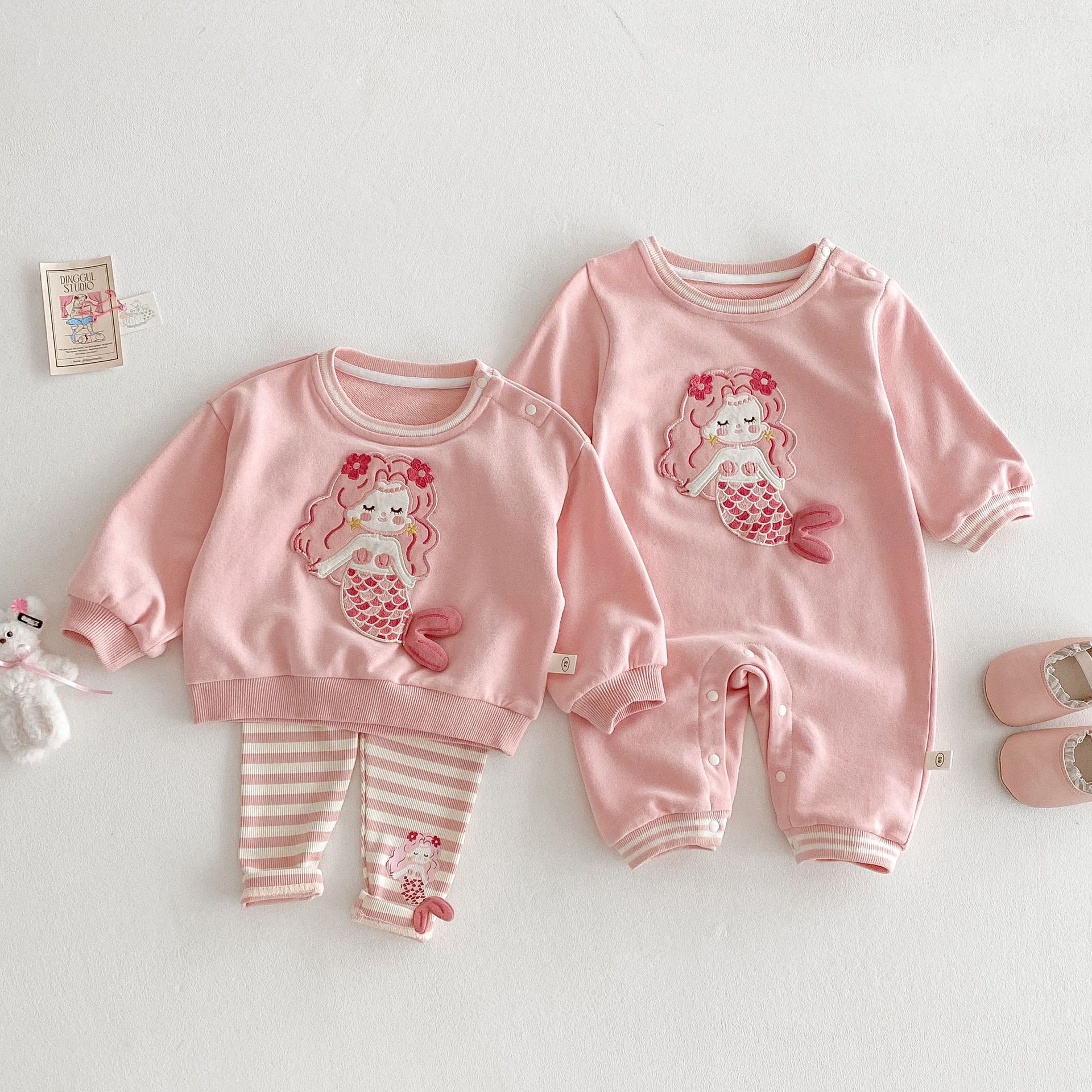 Baby Mermaid jumpsuit 2025 New Spring Baby patchwork cartoon Hayi First Birthday dress Spring crawling dress full figure