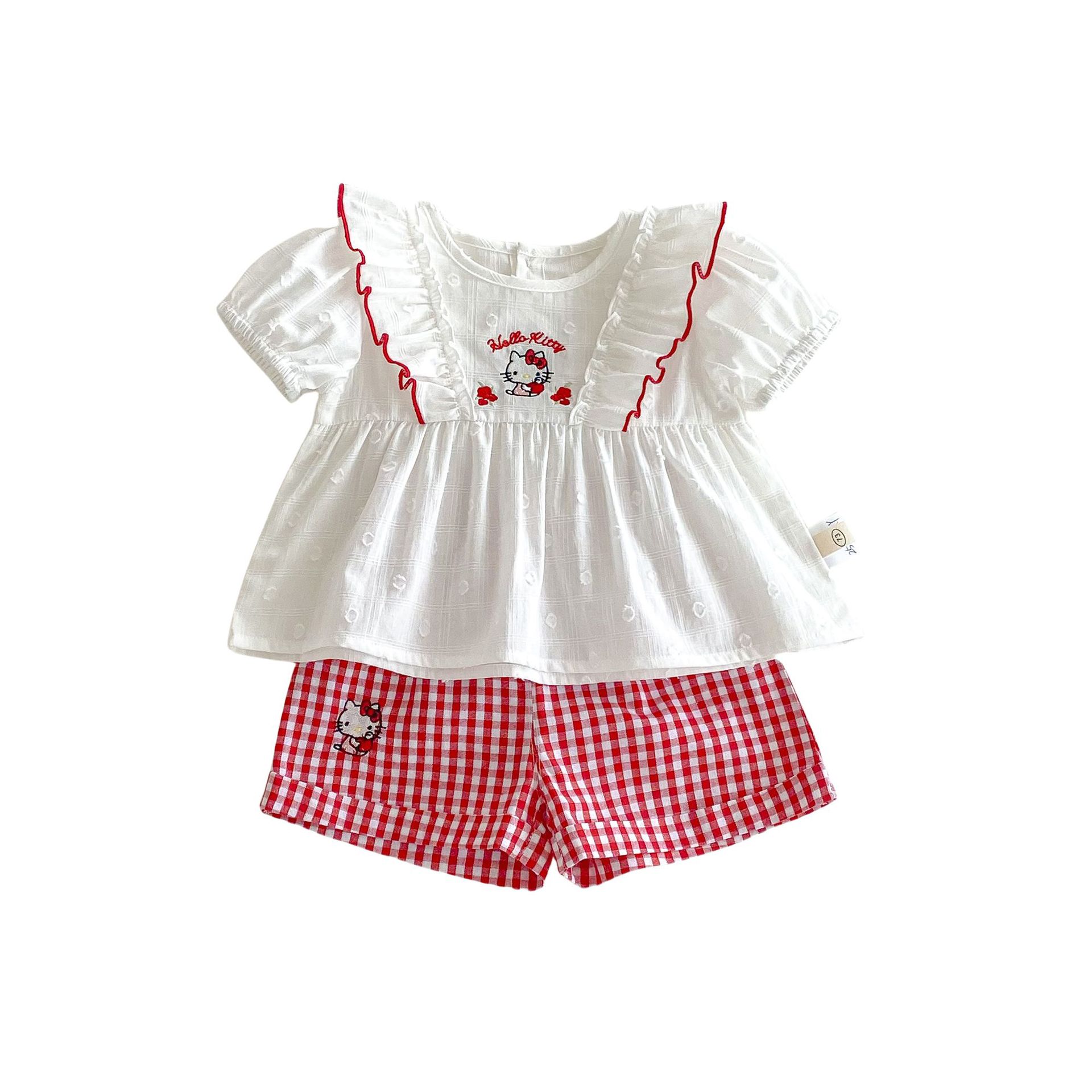 Girls' cartoon doll shirt 2025 new style summer baby girl embroidered cat T-shirt Children's Korean checkered shorts Item Picture