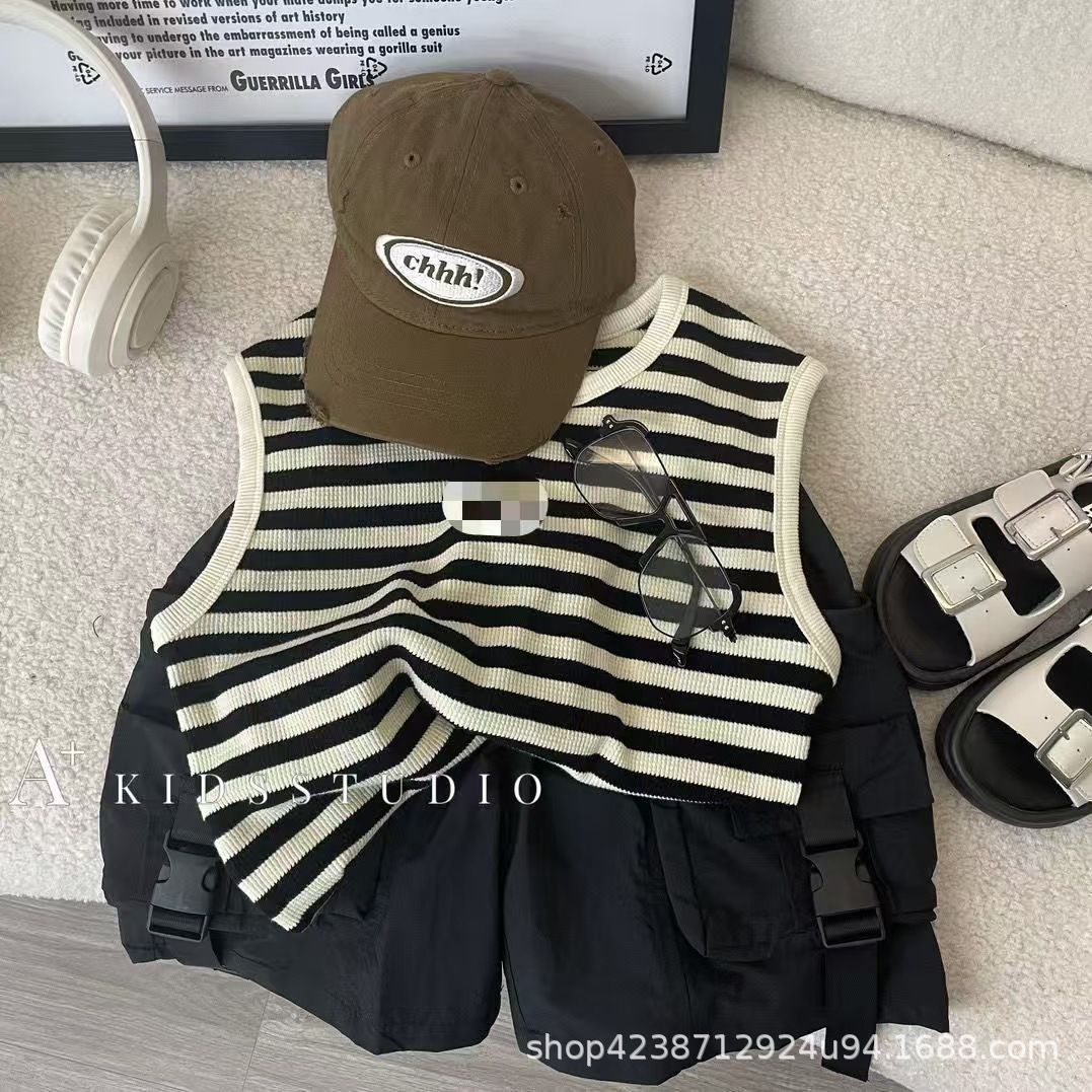 Children's vest set, summer boys' striped sleeveless T-shirt, 2025 new style boys' Korean-style cool and stylish work pants full figure