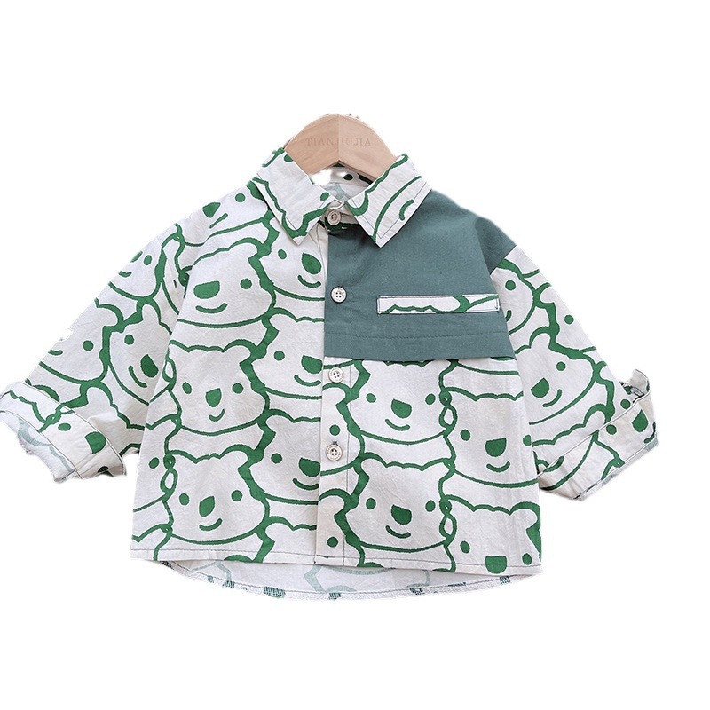 Dongdong 24 Autumn Boys' Shirt Coat Long-sleeved autumn Collection, Spring and Autumn Green bear lapel style shirt for children Item Picture