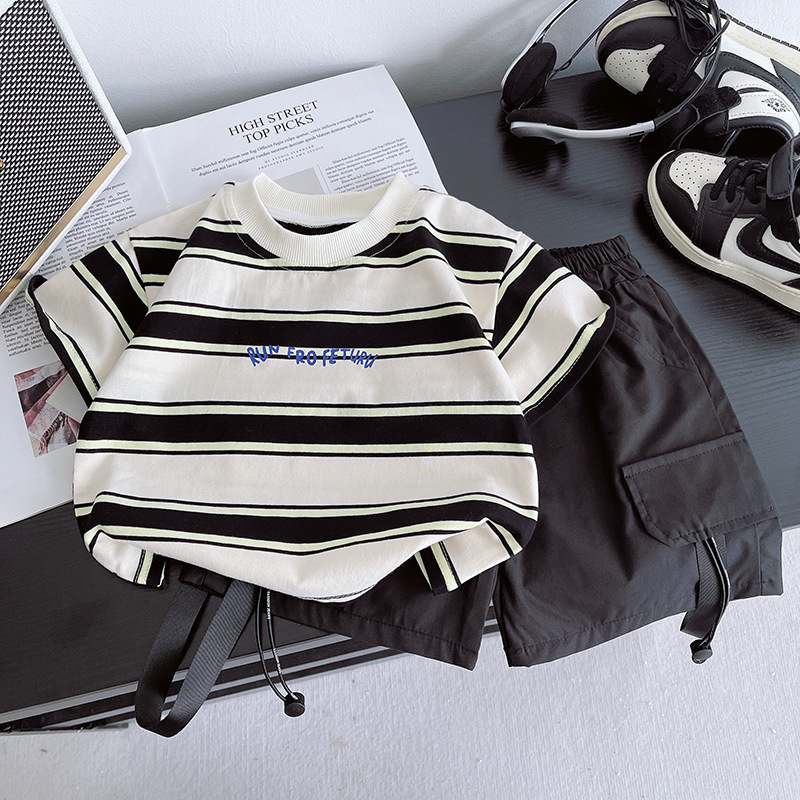 Korean boys' summer set 2025 New style Cool Baby short-sleeved children's T-shirt and work pants two-piece set full figure