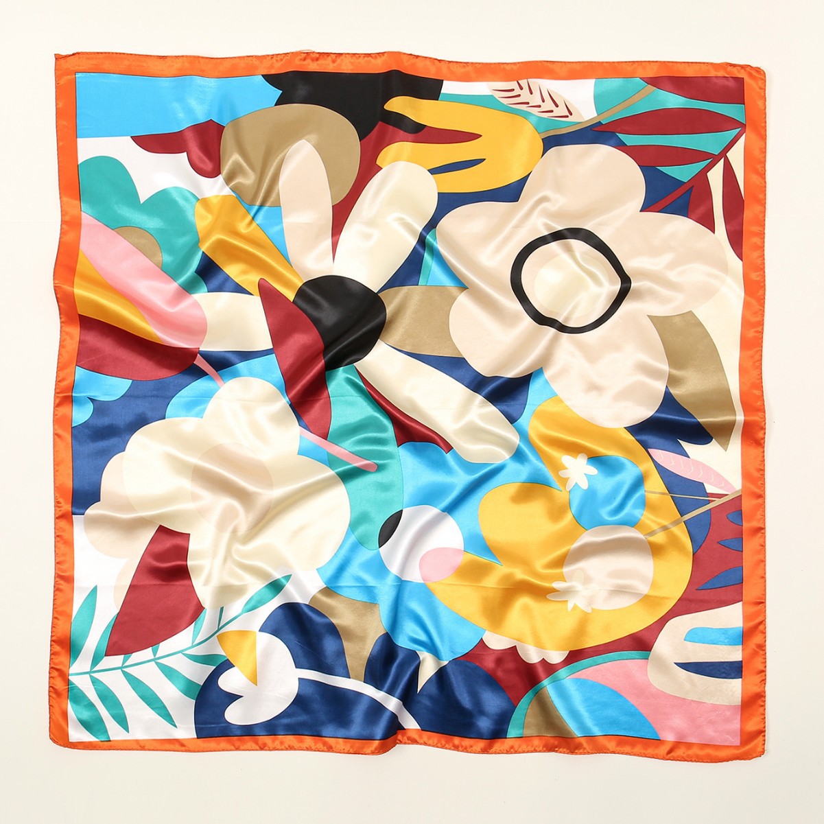 Retro cartoon flower imitation silk small scarf, women's spring and autumn decorative neckerchief, square scarf, thin scarf, printed gauze scarf details Picture