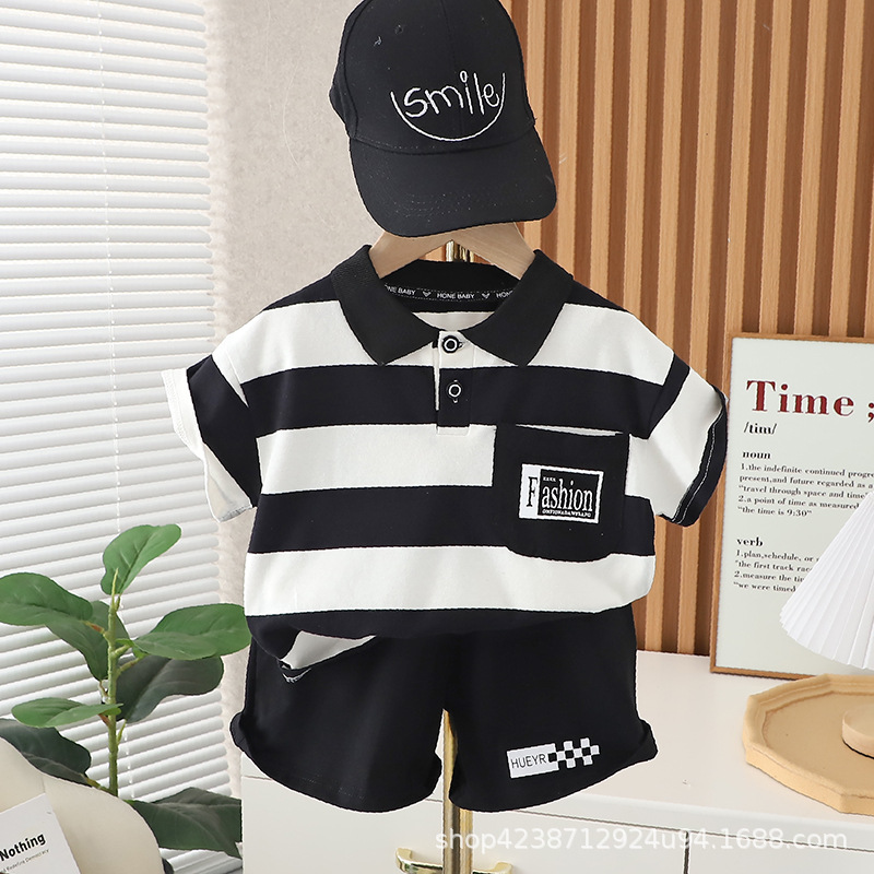 Boys' summer short-sleeved POLO shirt set 2023 Korean style new cotton striped stylish lapel boys' shorts trendy details Picture
