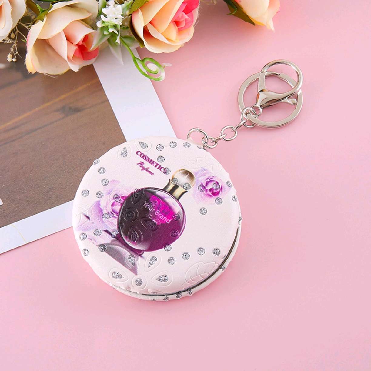 便携随身香水折叠镜PU双面镜金属钥匙扣挂件手持带钻化妆镜圆面包镶钻镜子女士口袋挂包镜一面放大镜子详情图4