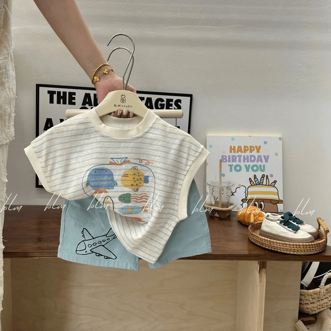 Children's set 2024 Summer New style Korean cartoon striped pure cotton vest Baby airplane Shorts two-piece set trendy Specification drawing