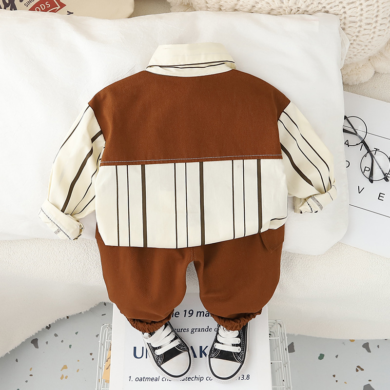 Vertical striped two-piece set for boys' autumn fashion, new casual wear, Korean-style shirt for children, spring and autumn two-piece set Specification drawing