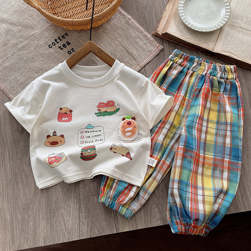 Children's short-sleeved set 2025 Summer new cartoon boys' and girls' short-sleeved T-shirt top checked pants Stylish and trendy Specification drawing