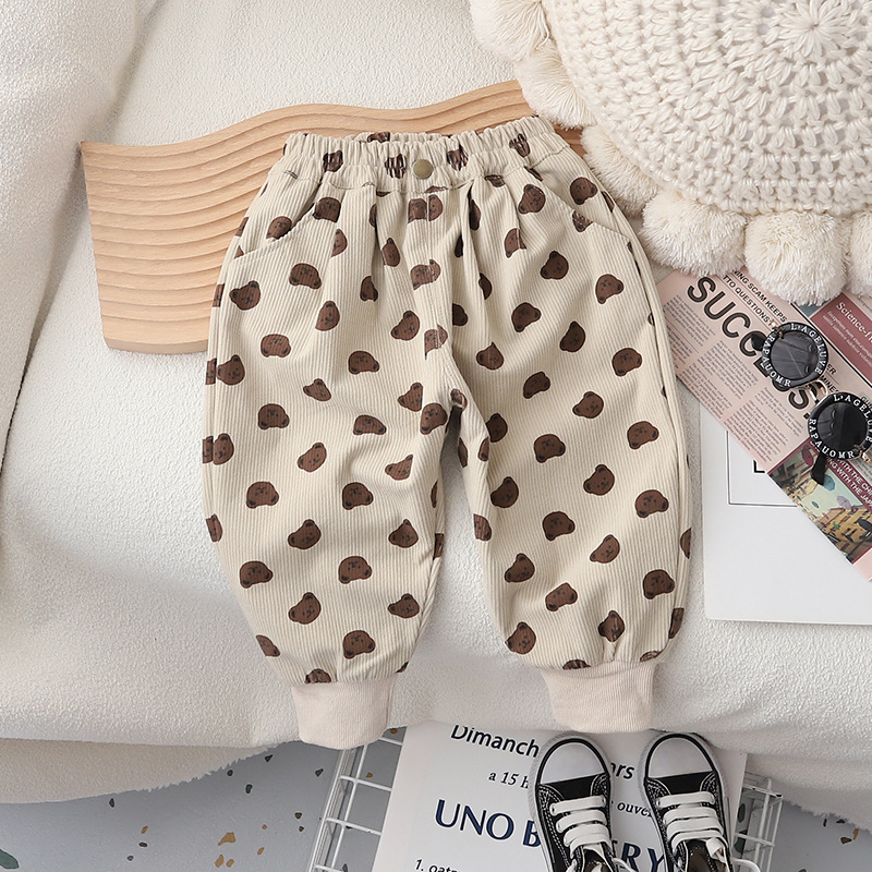 Korean-style children's corduroy bean pants, long pants, spring and autumn single-layer baby pants for boys and girls, loose cotton, casual and stylish details Picture