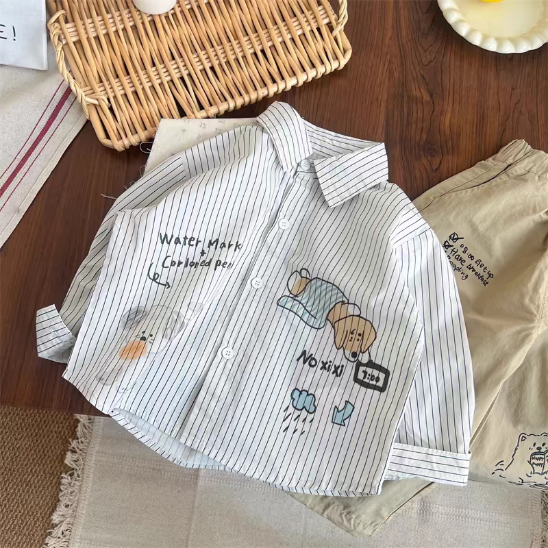 Children's long-sleeved shirt 2025 new spring cartoon lapel top for boys and girls, small children's vertical striped shirt full figure