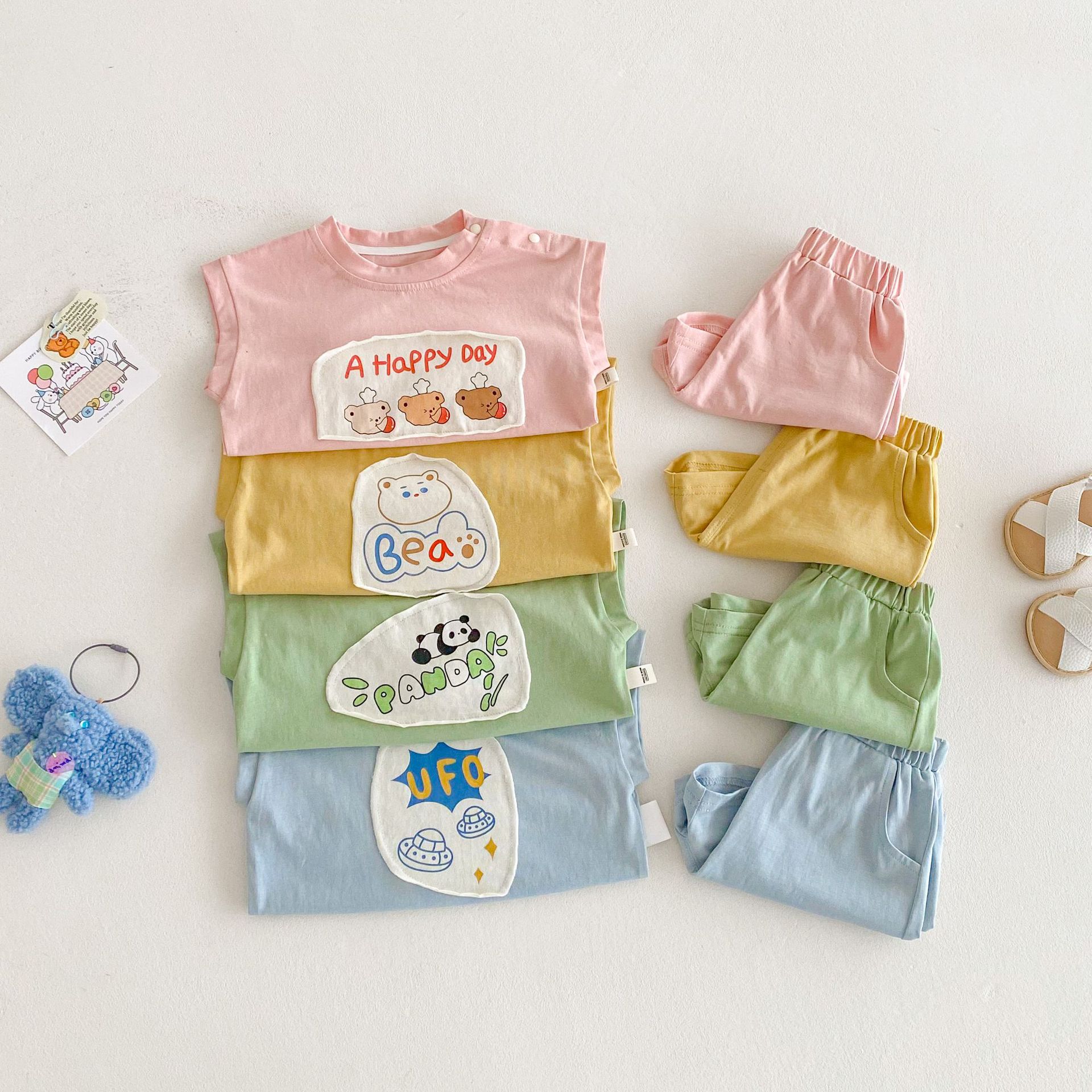 Children's Patch Set 2025 New Summer Girls' letter Cartoon Vest and Boys' Solid Color Shorts Thin Two-piece set details Picture