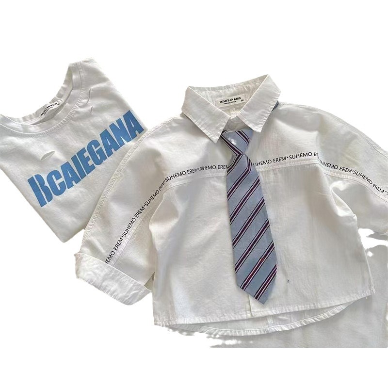 (New) Tie letter shirt for boys and girls, long-sleeved tie letter shirt for babies, school style, simple children's white shirt Item Picture