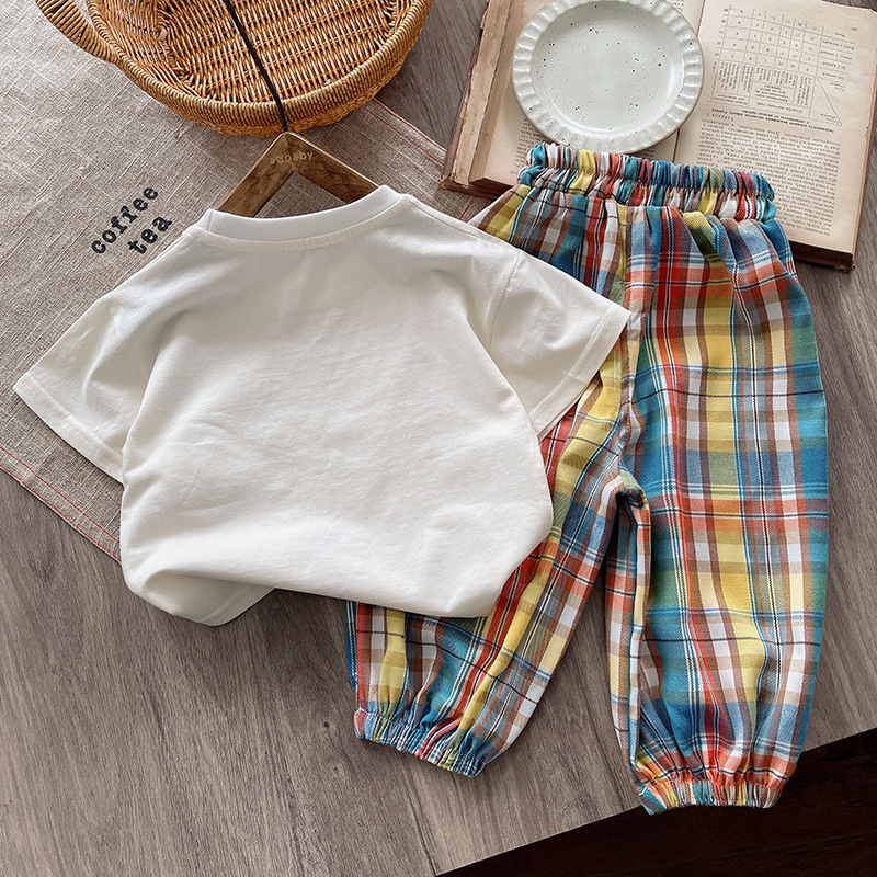 Children's short-sleeved set 2025 Summer new cartoon boys' and girls' short-sleeved T-shirt top checked pants Stylish and trendy Application Scenario