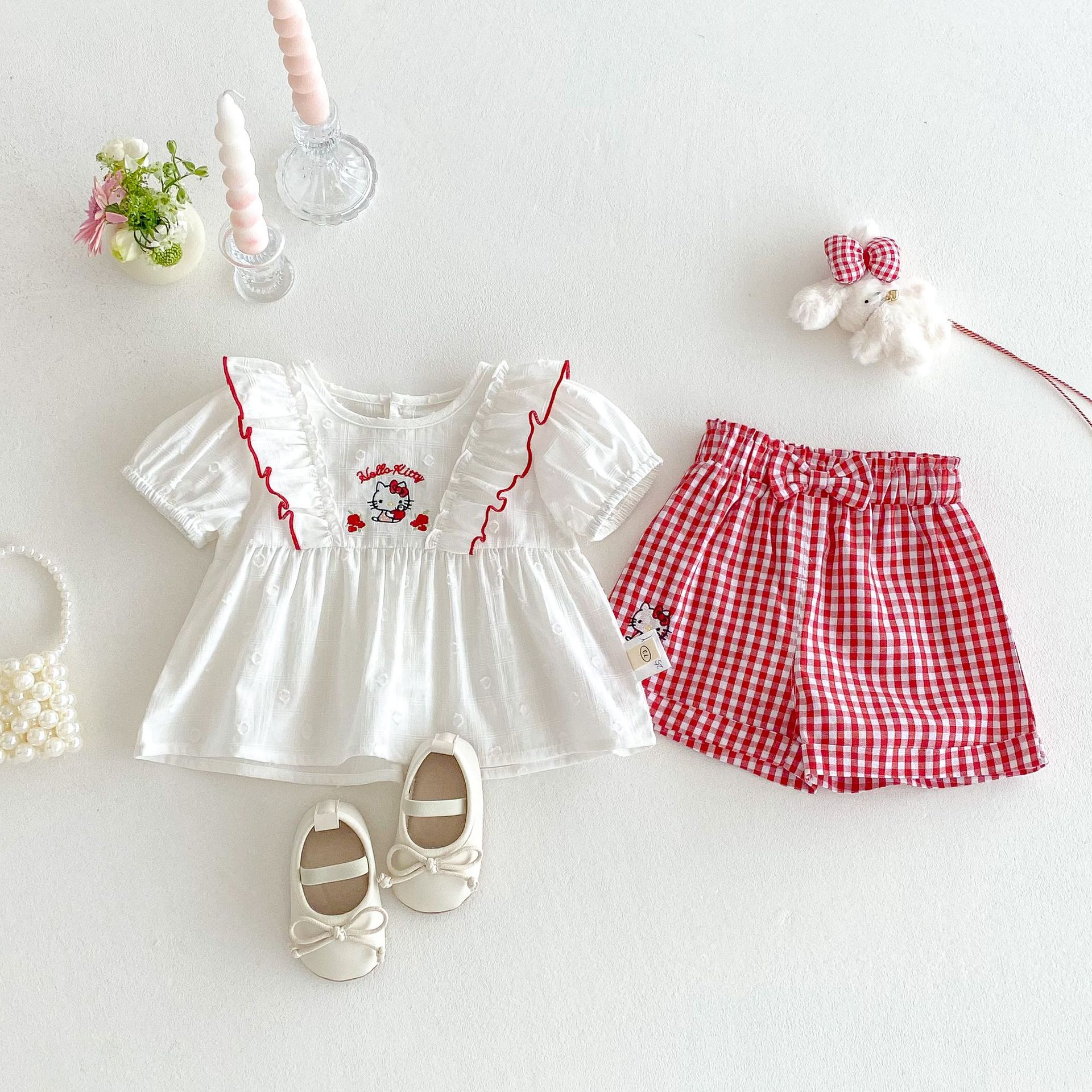 Girls' cartoon doll shirt 2025 new style summer baby girl embroidered cat T-shirt Children's Korean checkered shorts details Picture
