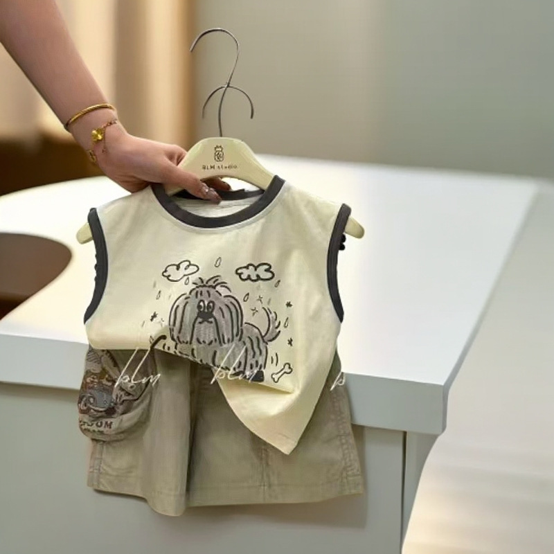 Korean vest set for boys, new summer baby clothes, cool and stylish summer wear for boys, cartoon and cool children's clothing details Picture