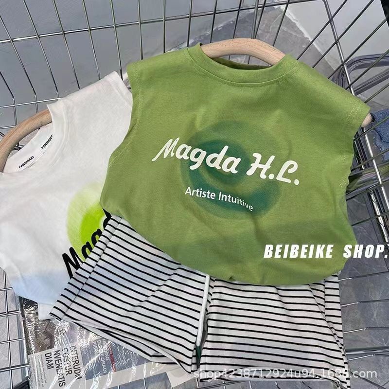 Boys' sleeveless set 2023 Summer New Stylish pattern sleeveless top Loose shorts Children's two-piece set details Picture