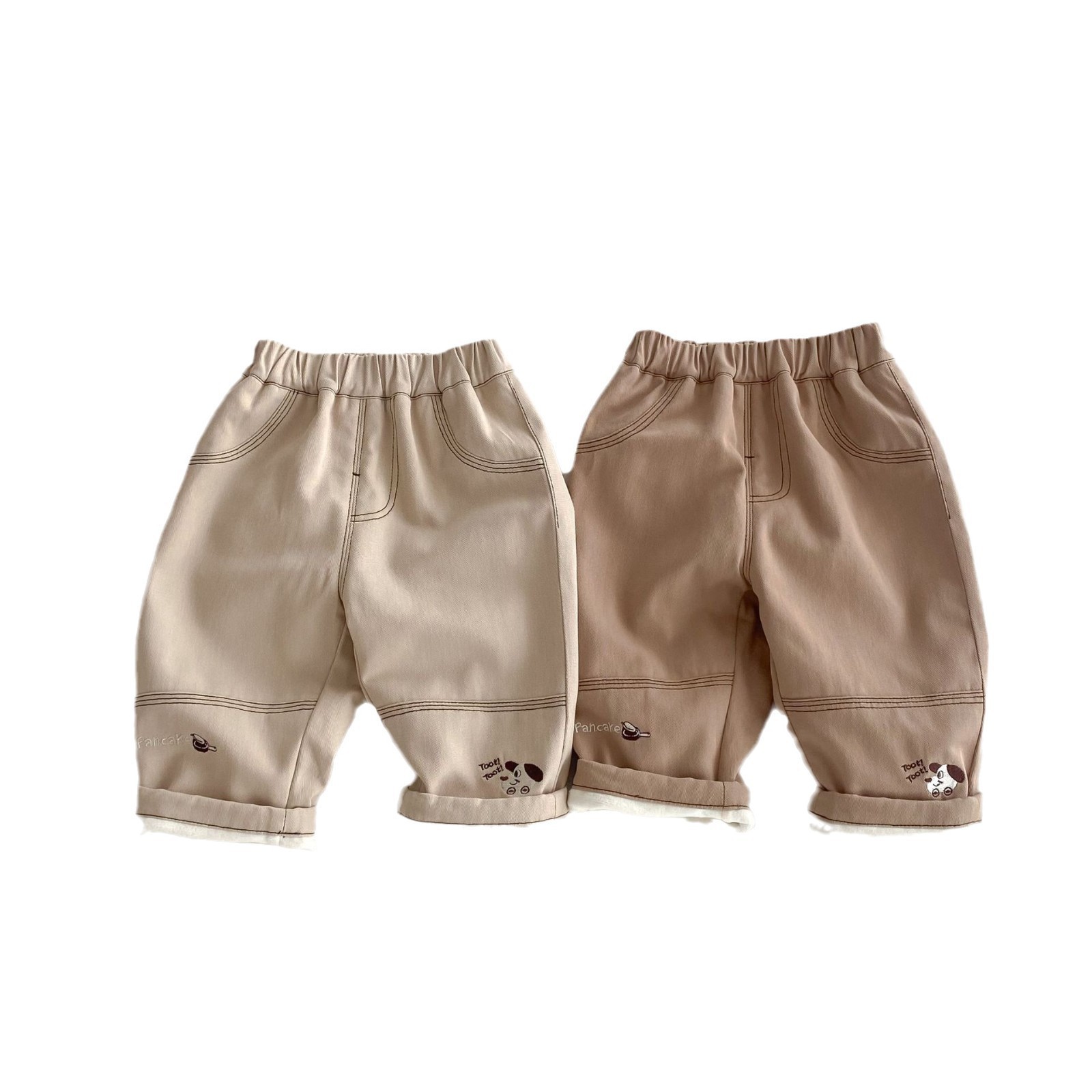 Boys' Korean-style fleece pants, winter A-class baby fleece work pants, children's fashionable embroidered cartoon pants AK514 Item Picture