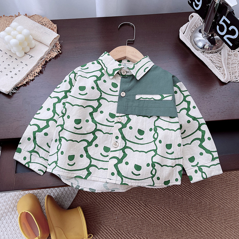 Dongdong 24 Autumn Boys' Shirt Coat Long-sleeved autumn Collection, Spring and Autumn Green bear lapel style shirt for children full figure
