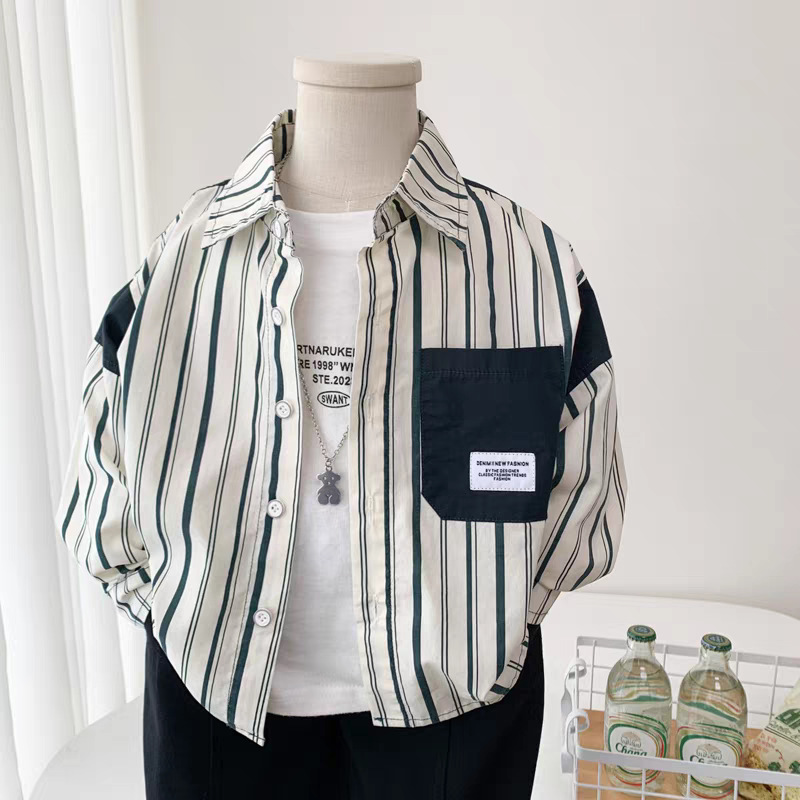 Boys' stylish striped shirt Spring/Autumn 2025 New Korean style small and medium-sized children's cool thin shirt pure cotton top full figure