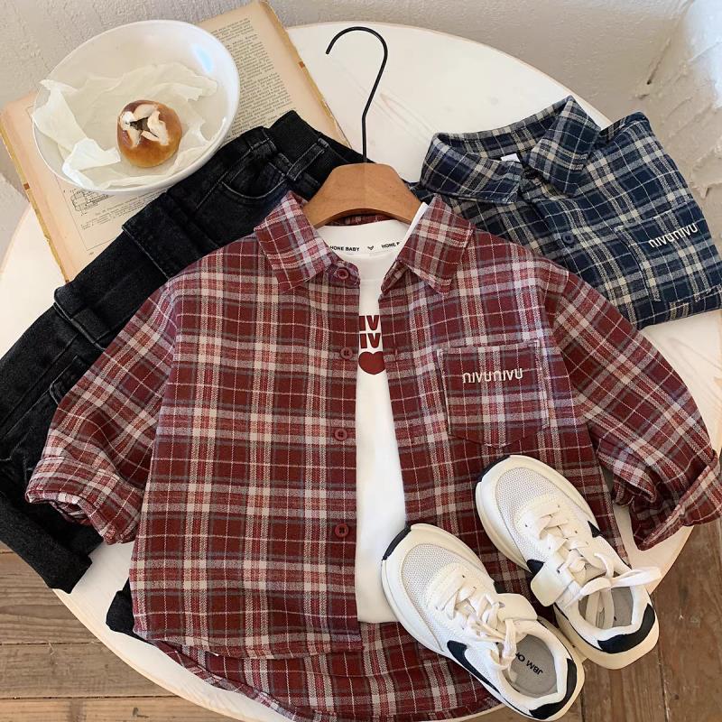 Boys' Spring and Autumn long-sleeved shirts 2025 Spring collection Korean style children's stylish shirts, baby checkered tops trendy details Picture