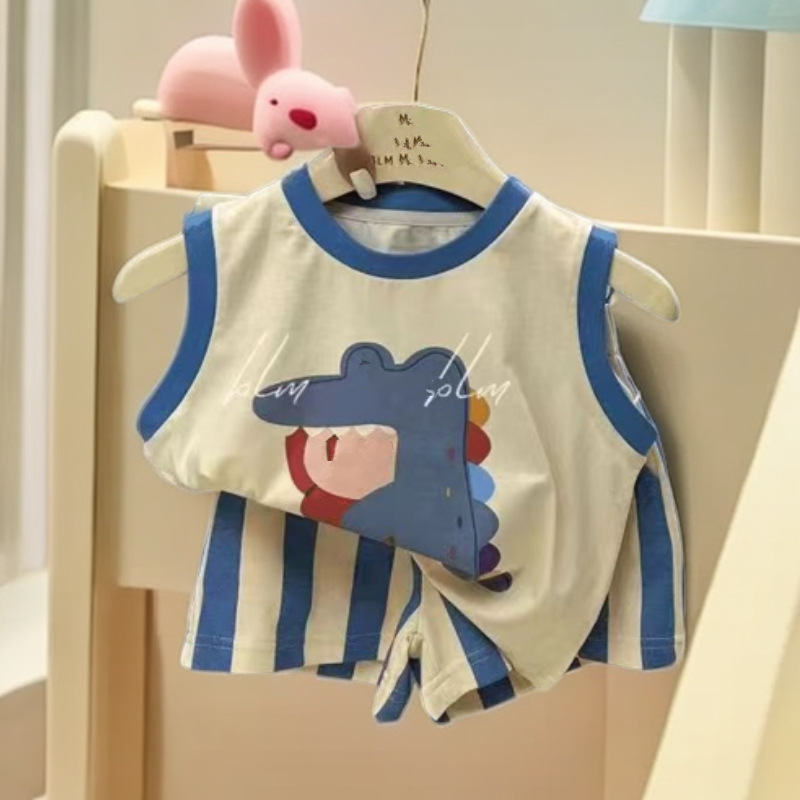 Summer new children's cartoon crocodile print contrasting color hemmed sleeveless vest striped shorts set full figure