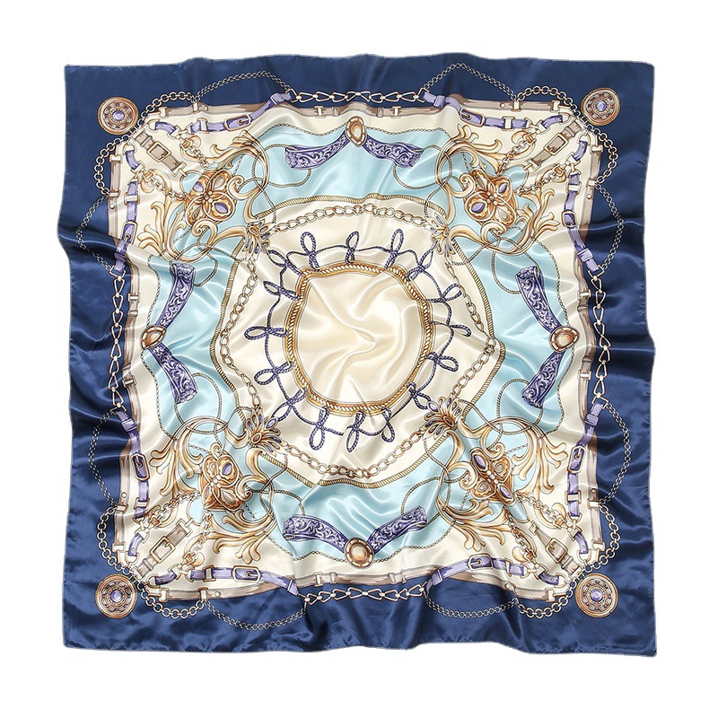 A new European and American chain rope printed headscarf with elegant style, a 90cm large silk scarf imitating silk Item Picture
