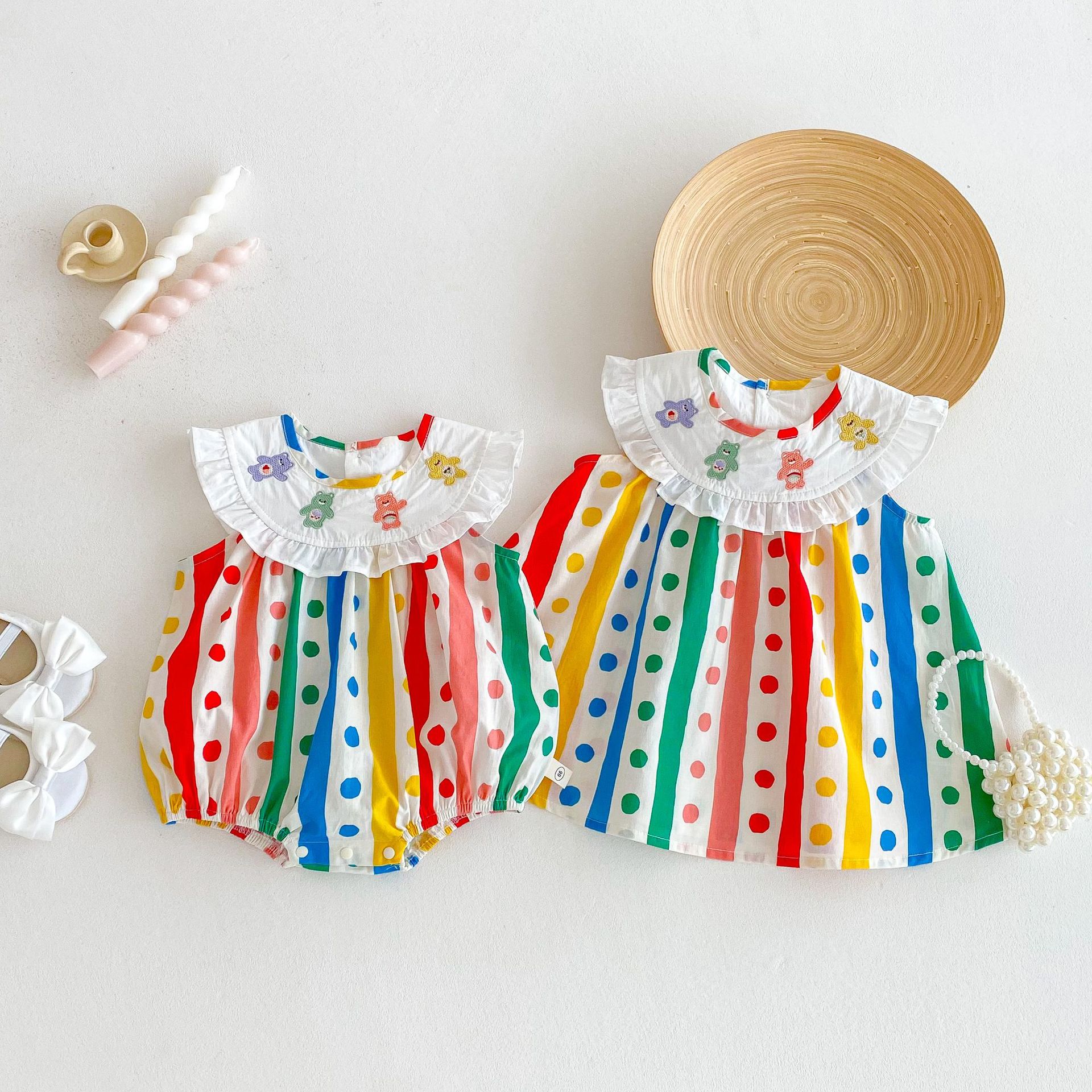 Girls' polka dot vest dress 2025 New summer baby embroidered bear dress Trendy baby striped wrap dress full figure
