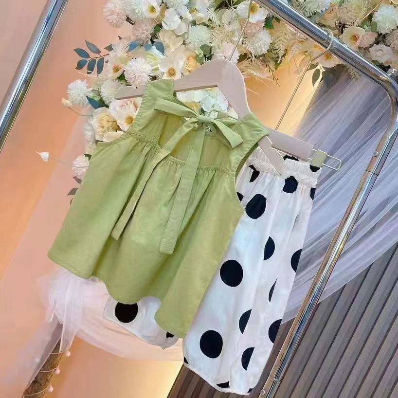 New summer children's clothing for girls 2024, a set of vests, sleeveless clothes, two-piece polka dot lantern pants Specification drawing