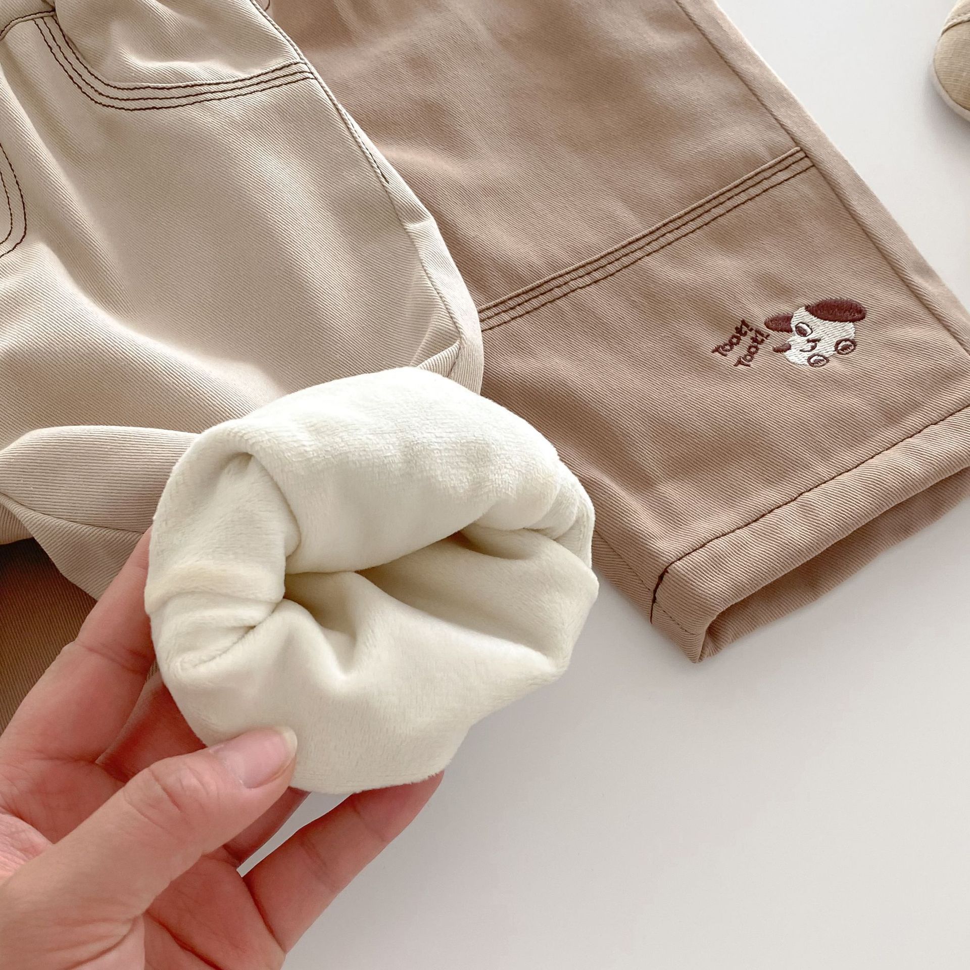 Boys' Korean-style fleece pants, winter A-class baby fleece work pants, children's fashionable embroidered cartoon pants AK514 Application Scenario