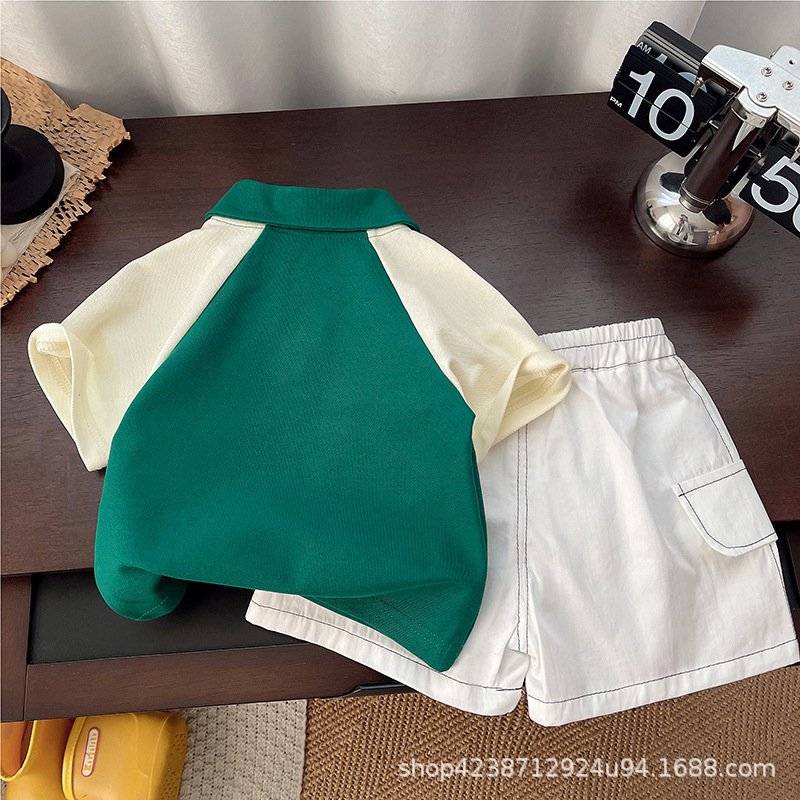 A trendy short-sleeved set for boys and girls in the summer of 2025, a printed letter color-blocked POLO shirt, and a pullover for children details Picture