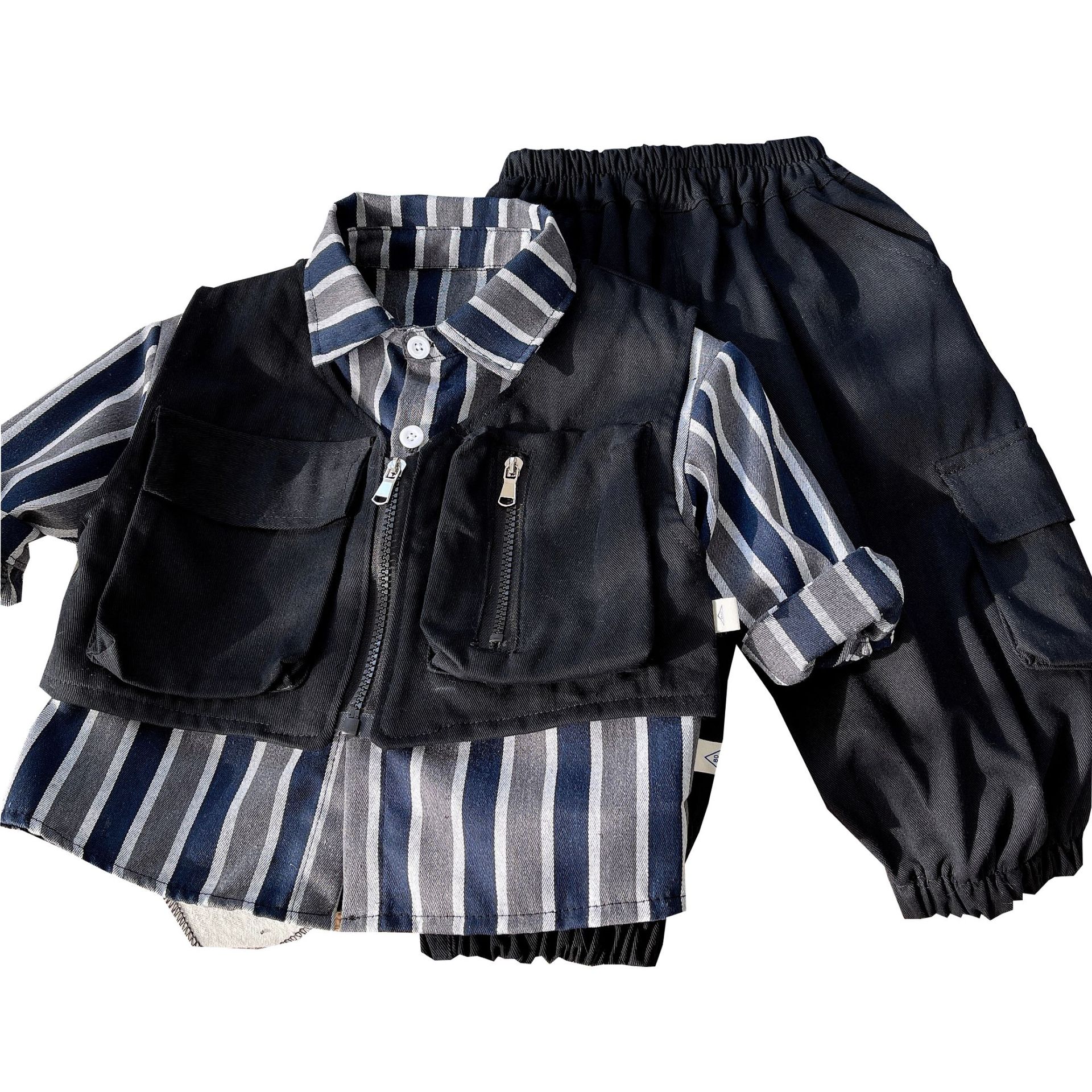 Ouba three-piece Boys' striped shirt set, new Spring and autumn children's trendy set, small and medium-sized children's clothing Item Picture