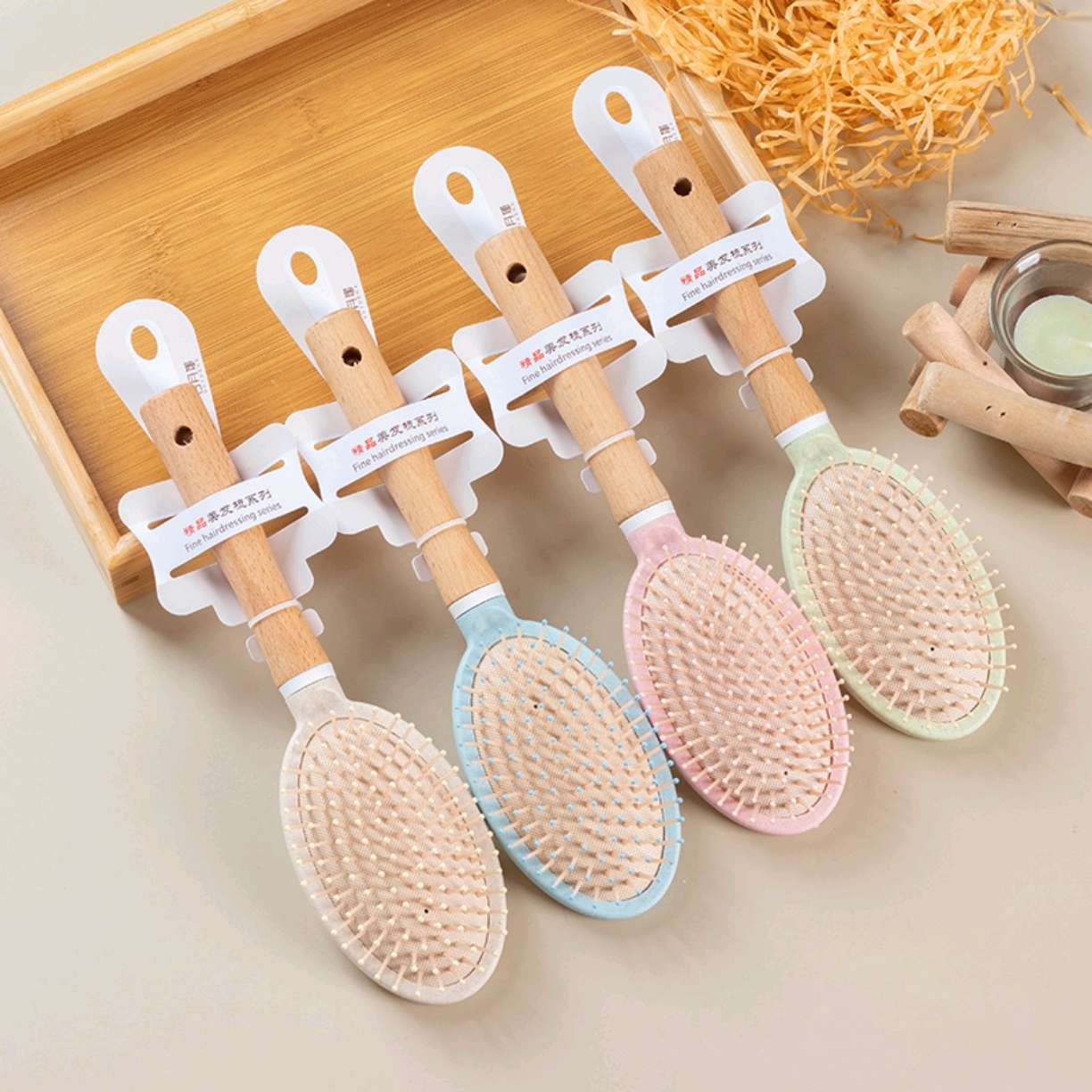 时尚榉木气垫按摩梳女士美发梳子麦秸秆气囊梳便携家用造型梳吊卡卷发梳细节图