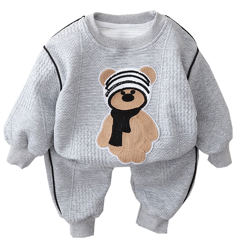 A new, stylish two-piece set of long-sleeved hoodies for children's spring and autumn wear, made of pure cotton in solid colors and without hats Item Picture
