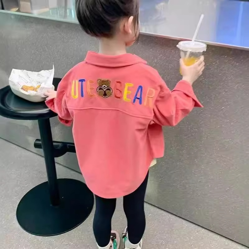 Girls' long-sleeved spring and autumn shirts, Korean-style corduroy shirts for small and medium-sized children, fashionable children's autumn top coats, trendy details Picture