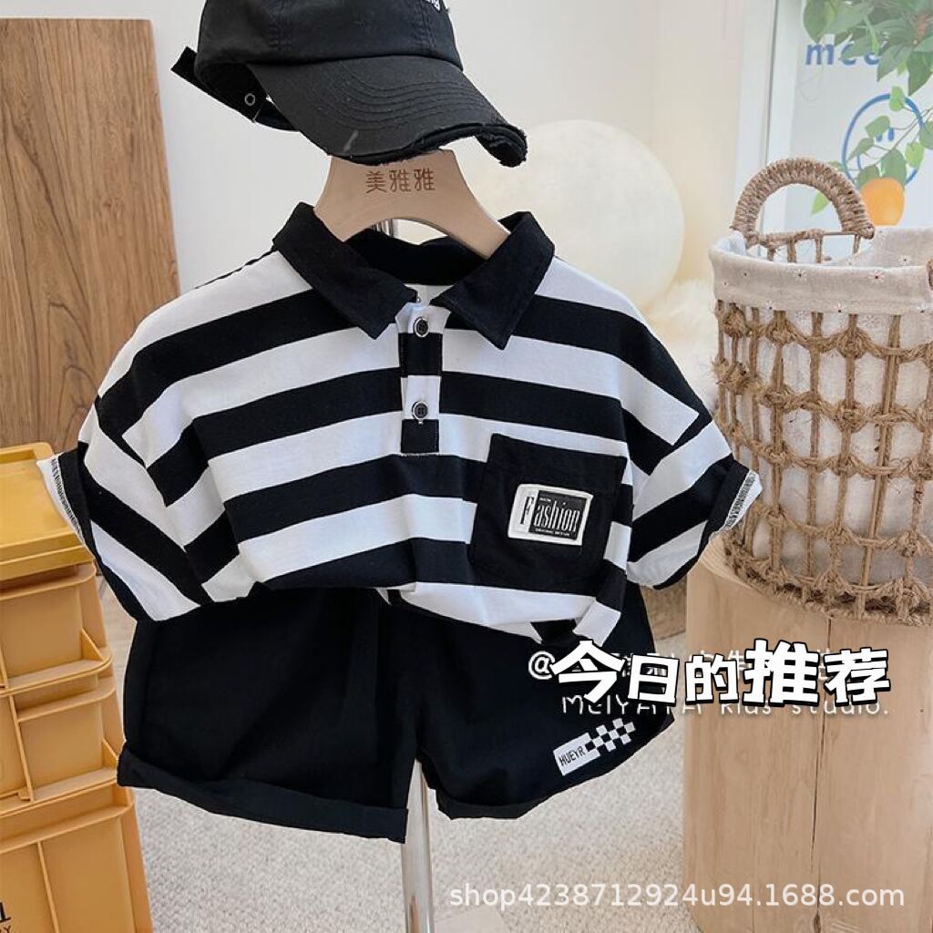Boys' summer short-sleeved POLO shirt set 2023 Korean style new cotton striped stylish lapel boys' shorts trendy full figure