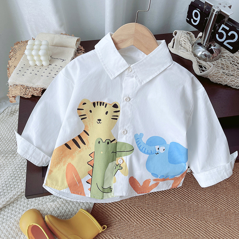 Double Elephant Shirt Children's cute cartoon animal ins style boys' top shirt fresh white printed children's clothing Specification drawing