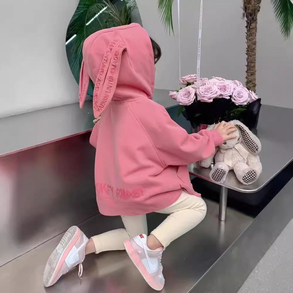 Rabbit ears Pink coat, hooded, baby girl, sweet, cute, stylish top for little kids, fashionable autumn outfit full figure