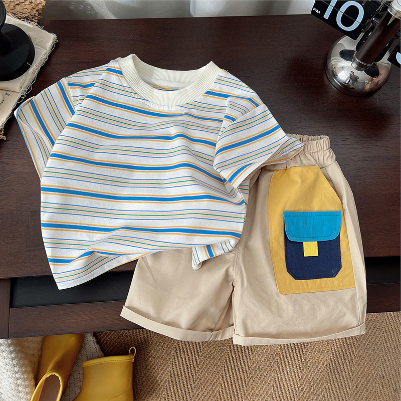New Korean-style striped printed T-shirt and workwear-style shorts summer two-piece set for children full figure