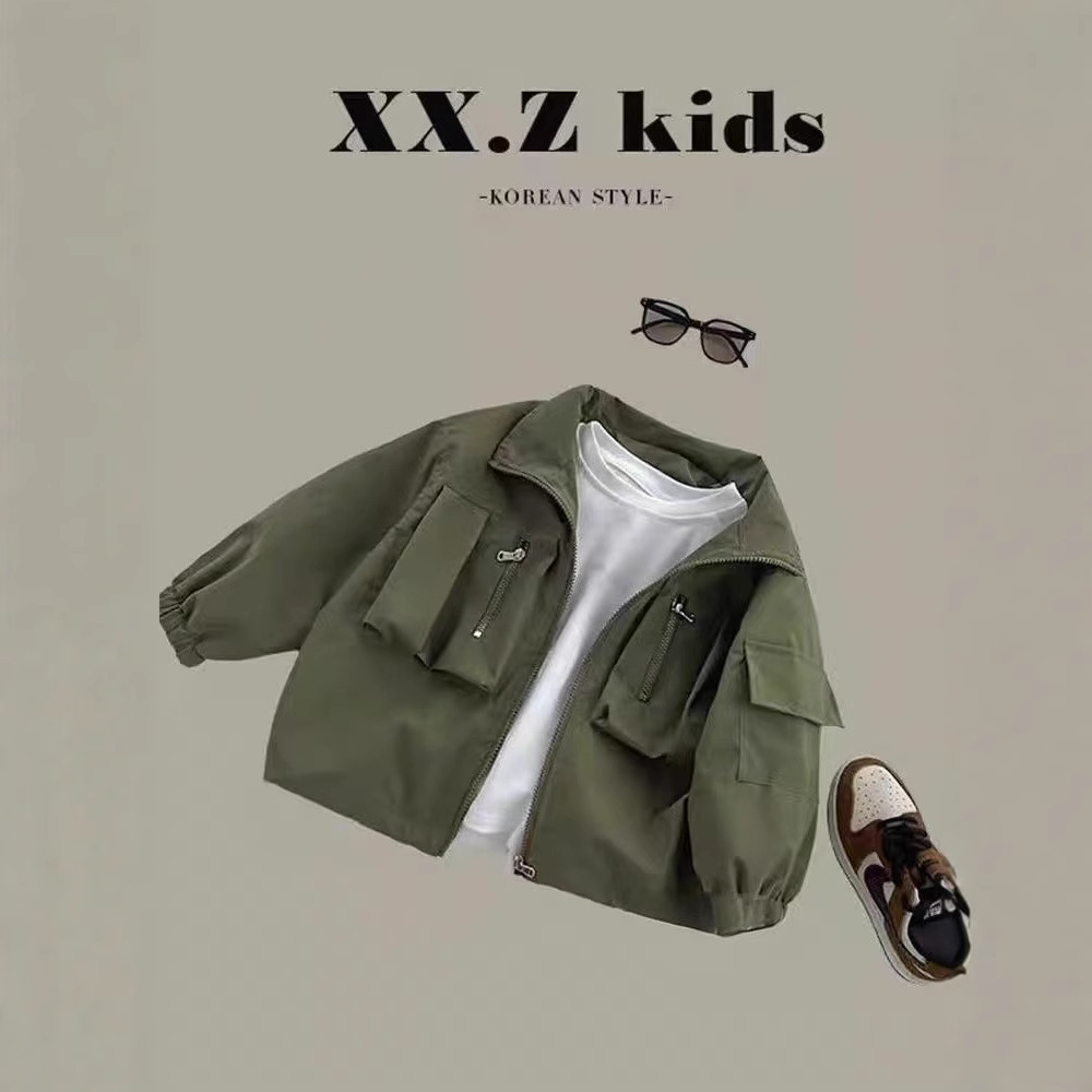 Boys' spring and autumn coat, stylish green windbreaker, thin children's casual coat top, trendy children's clothing wholesale Item Picture