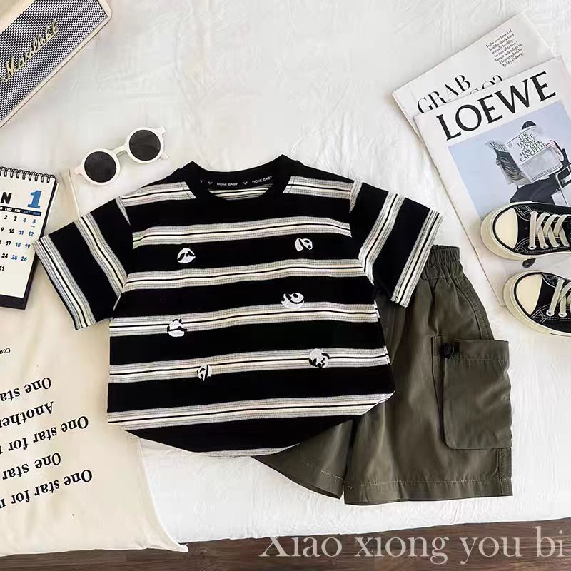 Boys' Summer Set 2025 New style Children's striped short-sleeved summer clothes, baby boys' fashionable puller print Item Picture