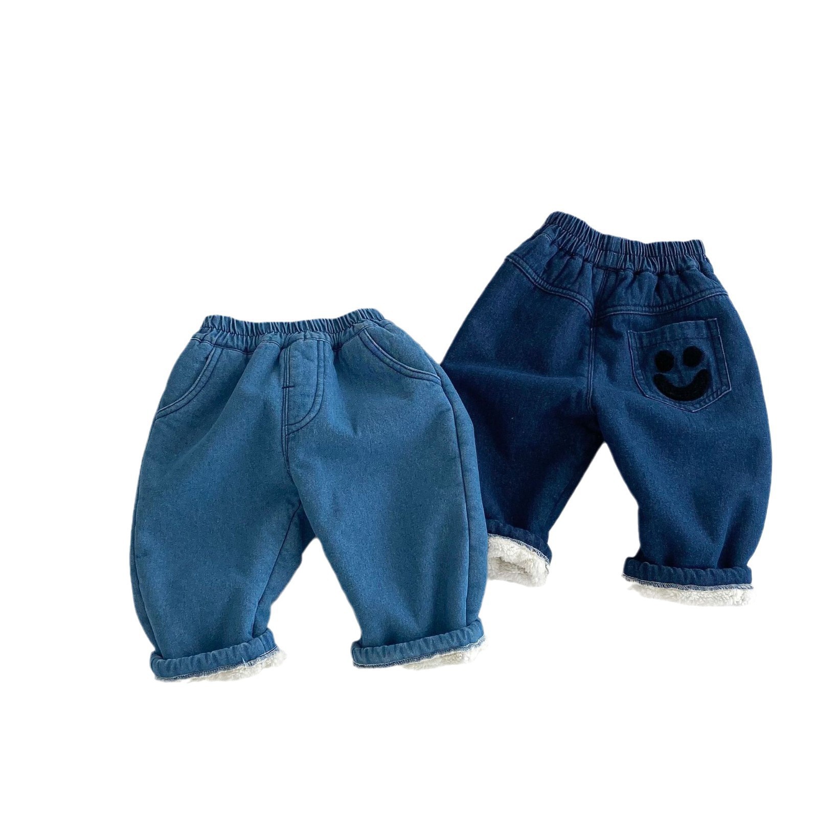Children's smiling face jeans for 0-5 years old winter, stylish and fleece smiling face jeans for boys and girls, trendy AK499 Item Picture