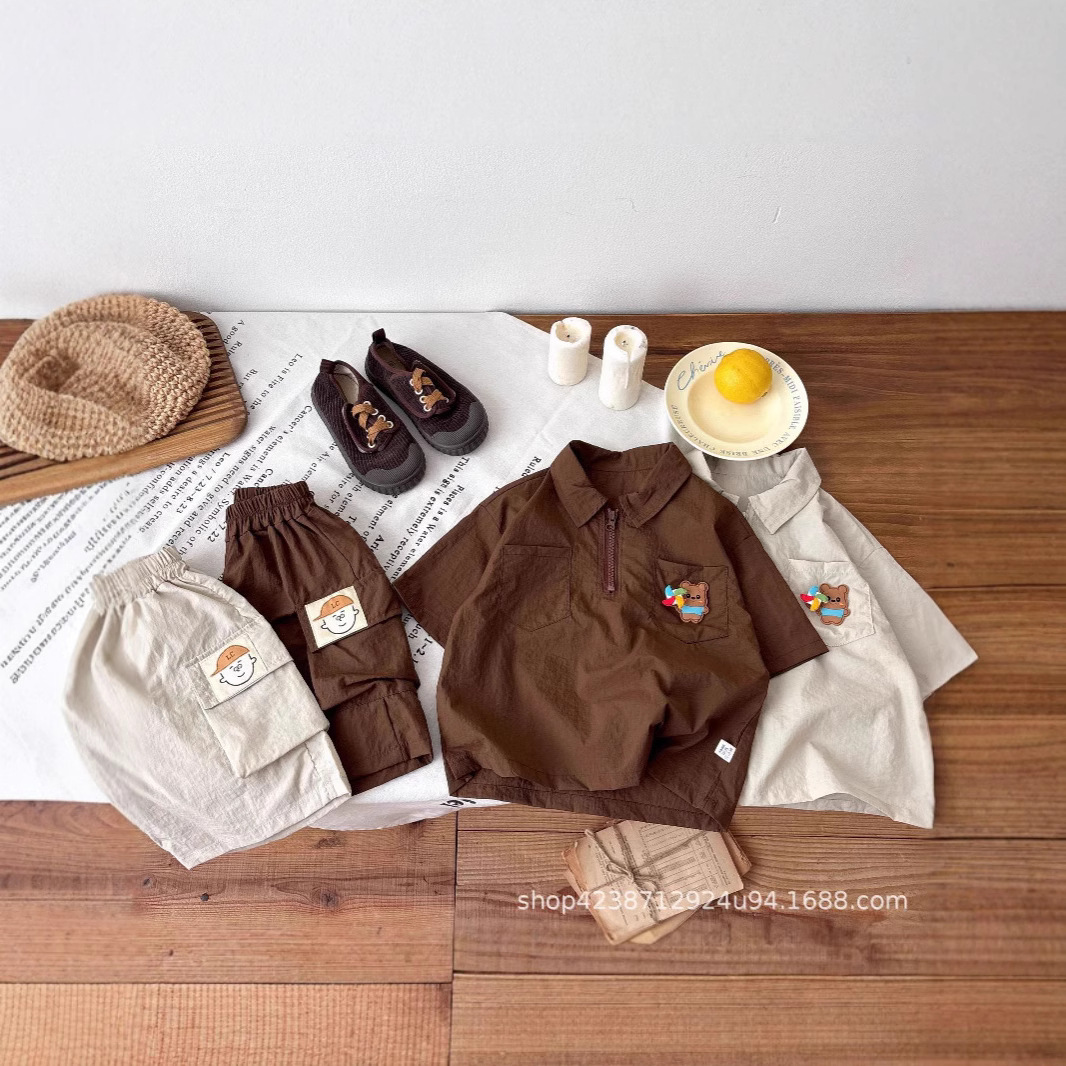 Boys' Summer Set 2025 New Style Children's Cool Little Kids short-sleeved shirt collar capri pants two-piece set Application Scenario