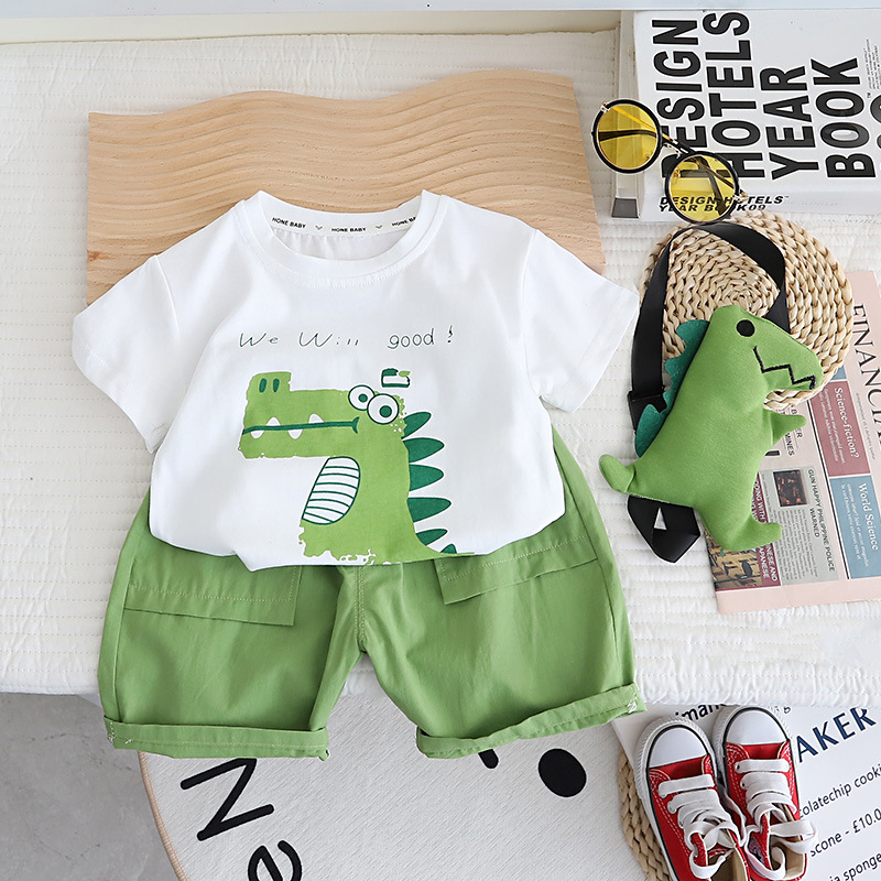 2023 Children's Short-sleeved Dinosaur Set Summer New Style for Boys, Toddlers, Baby T-shirt and Shorts Two-piece Korean version full figure