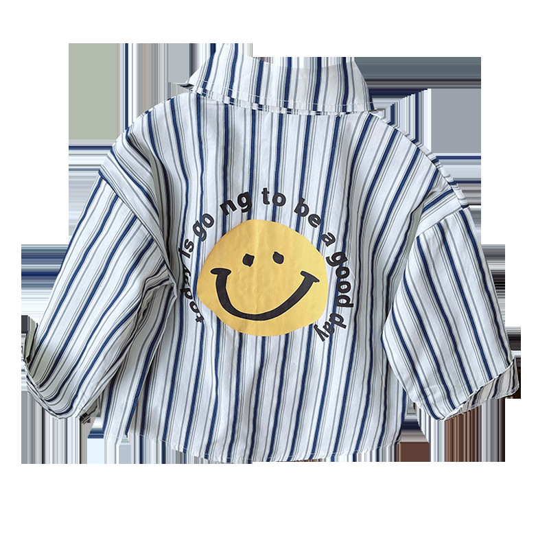 Fashion shirt: Korean Boys' Trendy 2024 Autumn New Style with vertical stripes and smiling faces Item Picture