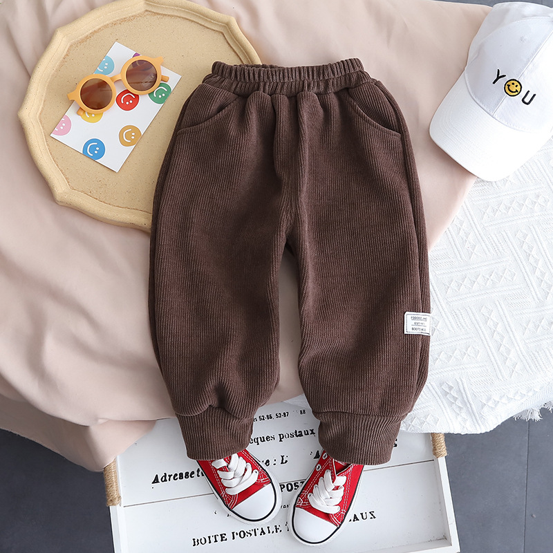 Boys' pants, children's fleece thickened corduroy pants 2022 new style Children's one-piece fleece warm outerwear long pants details Picture