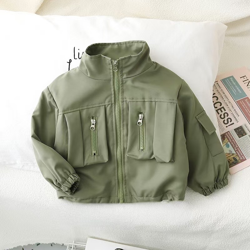Boys' coat 2023 New winter children's work jacket, military green, whitening, fleece patchwork, high-end Korean style, trendy details Picture