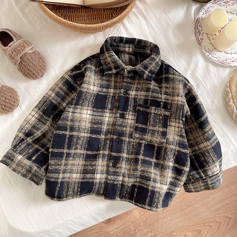 New autumn/Winter 2024 tweed jacket for boys, retro lapel checkered cool shirt, Korean-style children's shirt Application Scenario