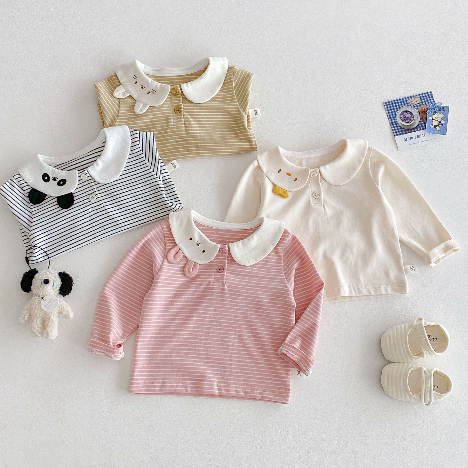Girls' striped base shirt 2025 New Spring 0-5-year-old baby super cute Korean spring fashion baby cartoon T-shirt full figure